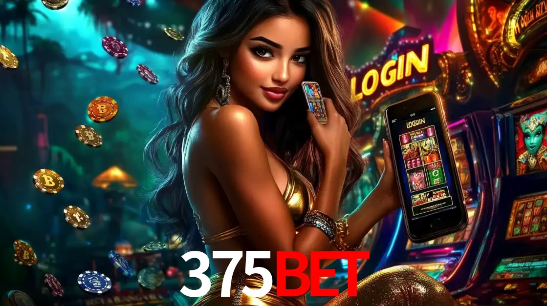 Mulher em um cenário de cassino temático de aventura, mostrando o app de caça-níqueis da 375BET no celular. Fichas de apostas flutuam ao redor.