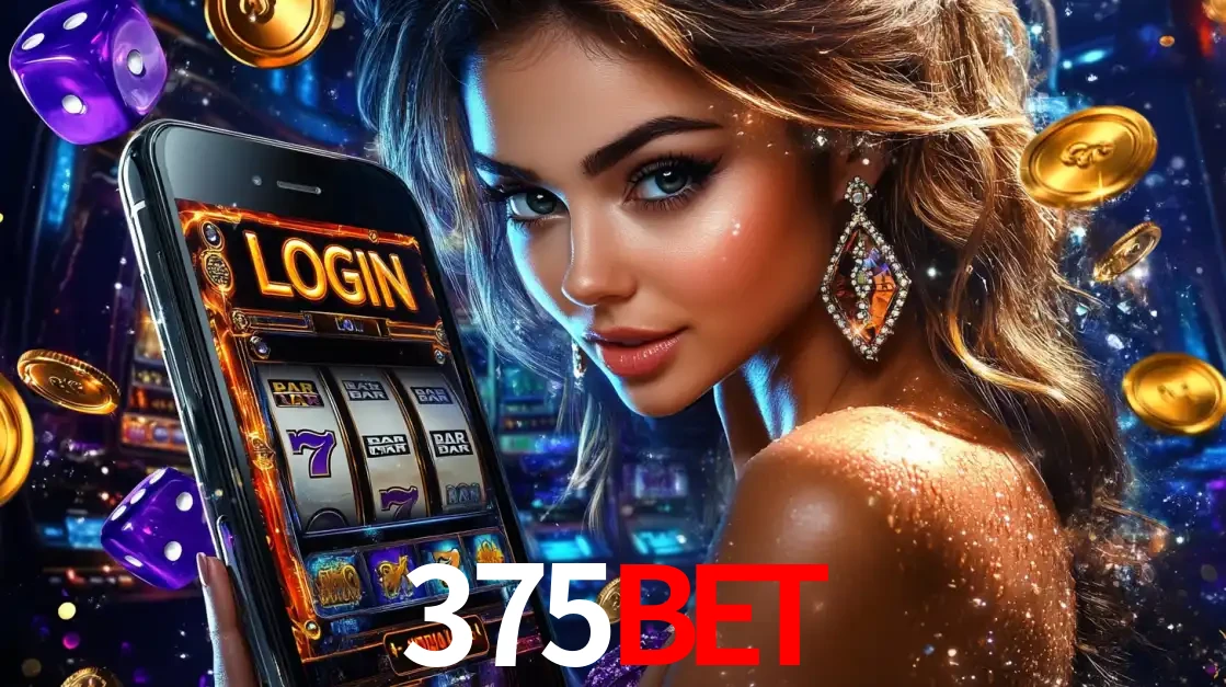 Mulher glamorosa segurando um smartphone com a tela de login para os jogos de caça-níqueis do cassino online 375BET, com moedas de ouro e dados ao redor.